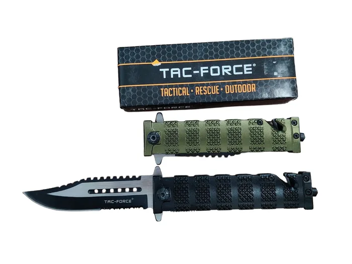 אולר חילוץ והישרדות טקטי 21 ס"מ TAC-FORCE | אולר קפיץ חצי-אוטומטי כולל שוברי חלונות וחותך חגורות